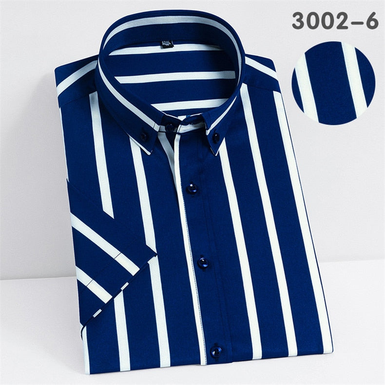 Short Sleeve Strech Striped Shirts Men Soft Regular Fit no Front Pocket