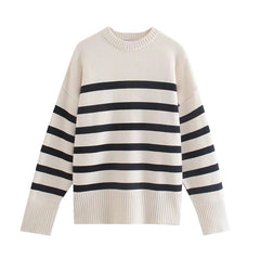 Ladies Striped Knitted Loose Sweater Women Pullover Tops Long Sleeve O Neck