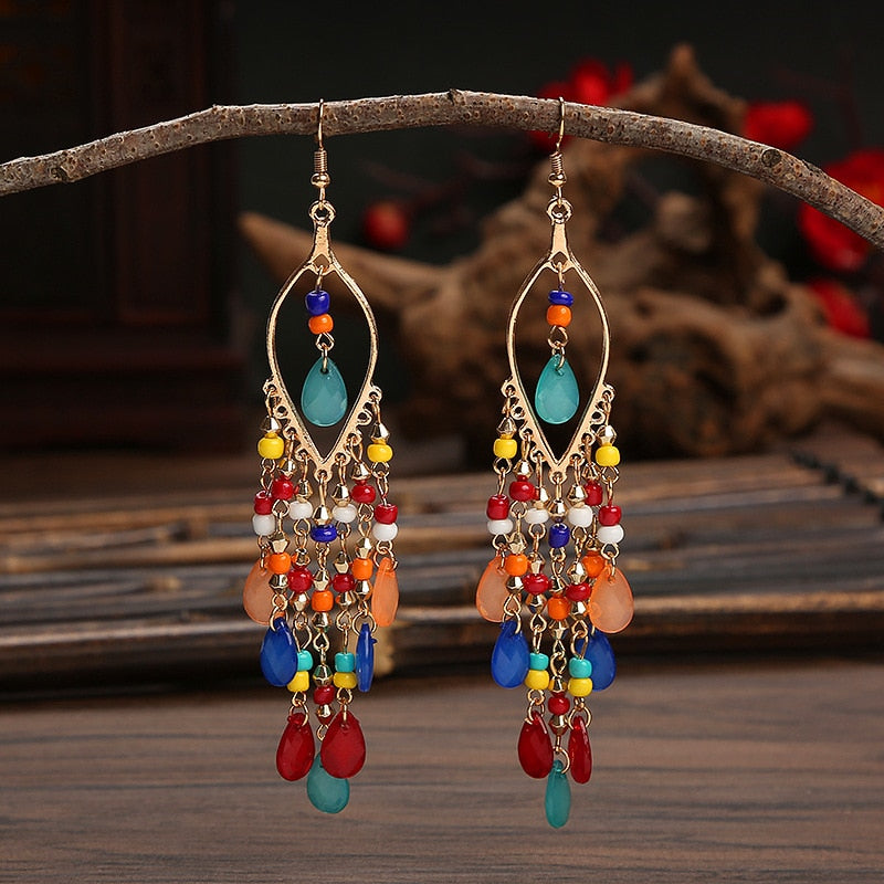 Bohemian Antique Gold Plated Long Water Drop Tassel Earrings