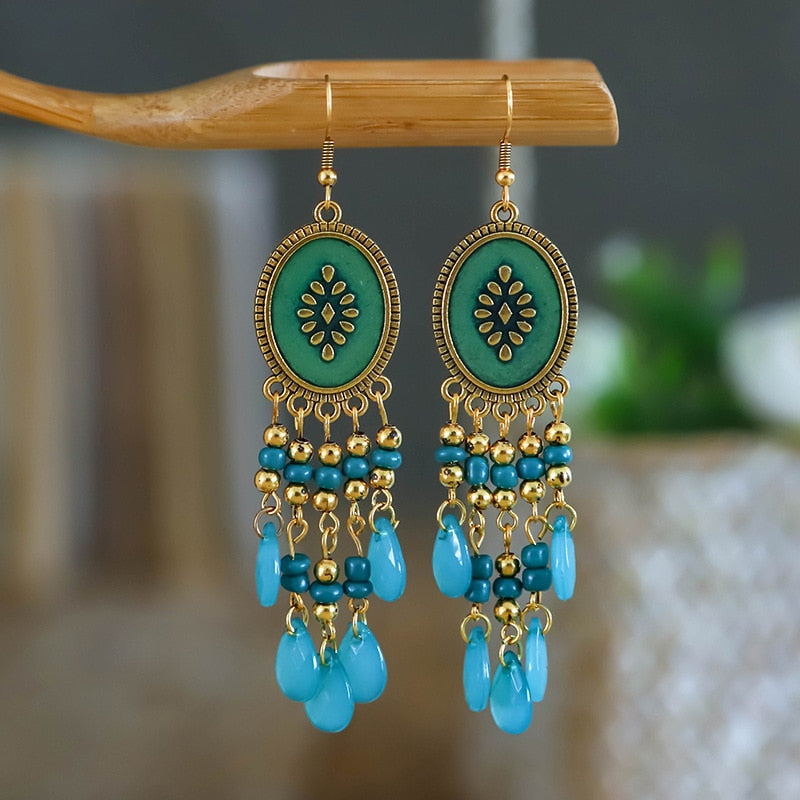 Bohemian Antique Gold Plated Long Water Drop Tassel Earrings