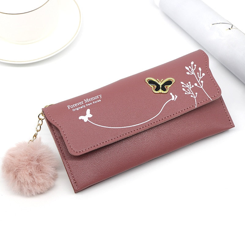 Long Wallets Pure Color Wool Ball Bow Clutch Bag