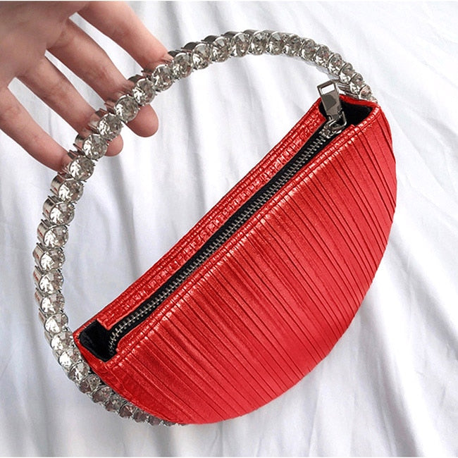 Rhinestone Circular Handle Evening Bag Designer Diamonds Round Red Clutch