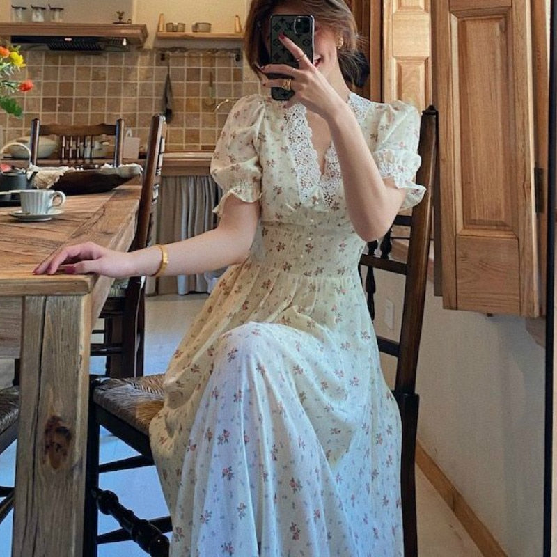 Vintage Floral Dress Women Elegant Lace Chiffon