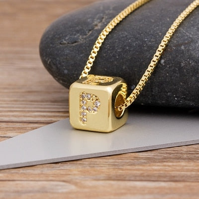 A-Z Initials Micro Pave Copper CZ Cube Letter Pendant Necklaces