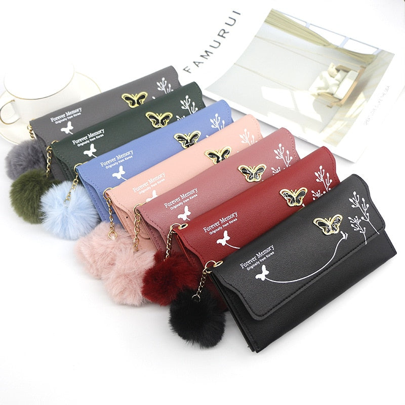 Long Wallets Pure Color Wool Ball Bow Clutch Bag