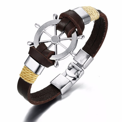 Vintage Rudder Charm Bracelet for Men Multi-layer Leather Rope Bracelets