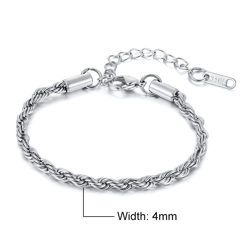 Basic 2/3/4/5mm Stainless Steel Twisted Rope Chain Bracelets