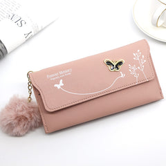 Long Wallets Pure Color Wool Ball Bow Clutch Bag
