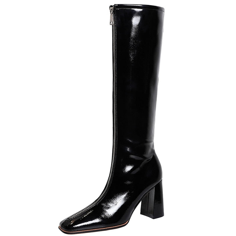 Shoes Women New Patent Leather Knee-High Boots Square Toe High Boots