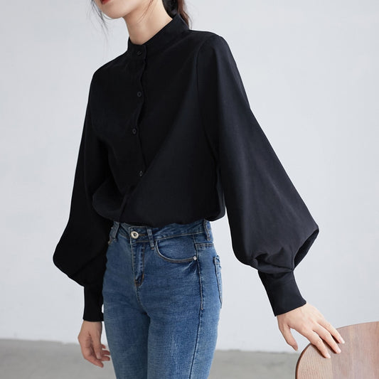 Big Lantern Sleeve Blouse Single Breasted Stand Collar Shirts