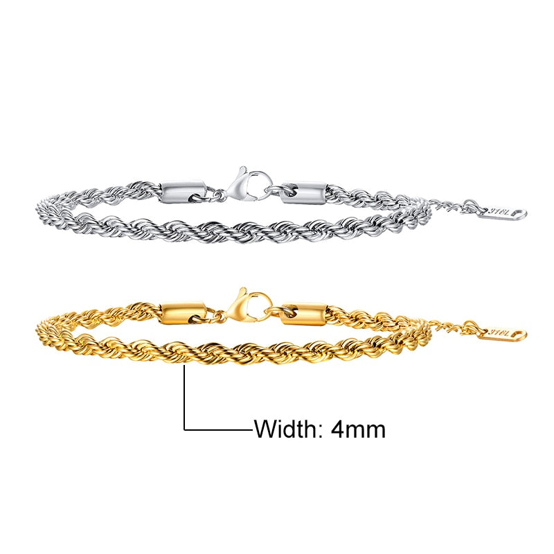 Basic 2/3/4/5mm Stainless Steel Twisted Rope Chain Bracelets