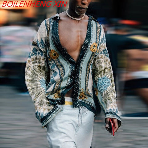 Men Printing Shirt Long Sleeve Turn Down Collar Streetwear Ethnic Style Tops