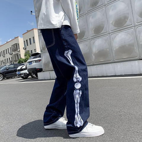 Straight Jean Pants Man Skeleton Embroidery  Mopping Trousers