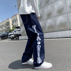 Straight Jean Pants Man Skeleton Embroidery  Mopping Trousers