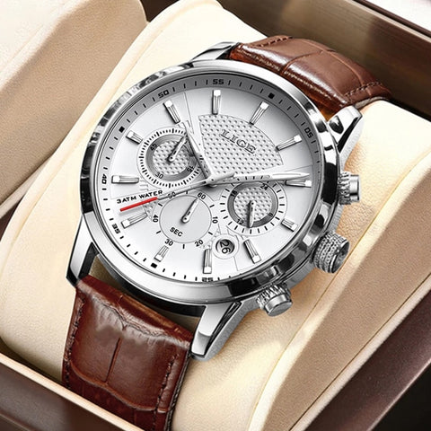 Mens Watches LIGE Top Brand Leather Chronograph Waterproof Sport