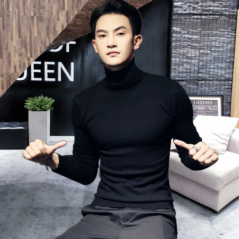 Turtleneck Sweaters Black Sexy Brand Knitted Pullovers Men Solid Color