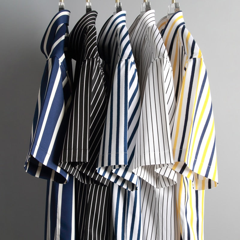 Short Sleeve Strech Striped Shirts Men Soft Regular Fit no Front Pocket