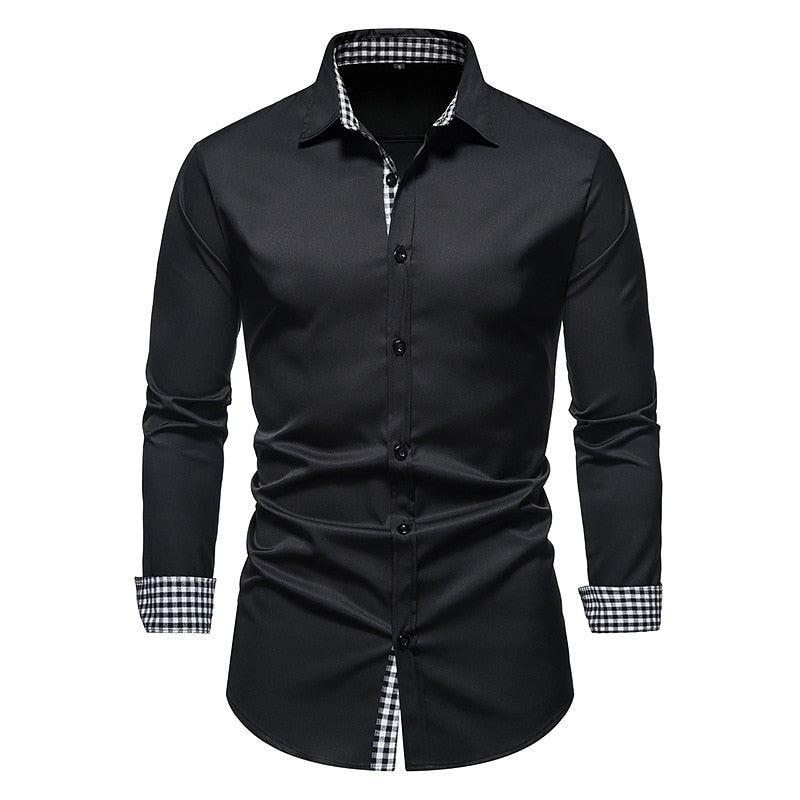 Plaid Patchwork Formal Shirts for Men Slim Long Sleeve White Button Up Shirt Dress