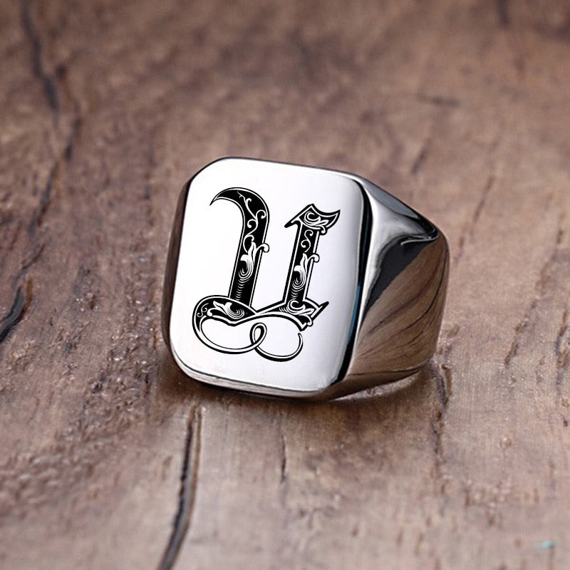 Retro Initials Signet Ring for Men 18mm Bulky Heavy Stamp Male Band Stainless Steel Letters Custom