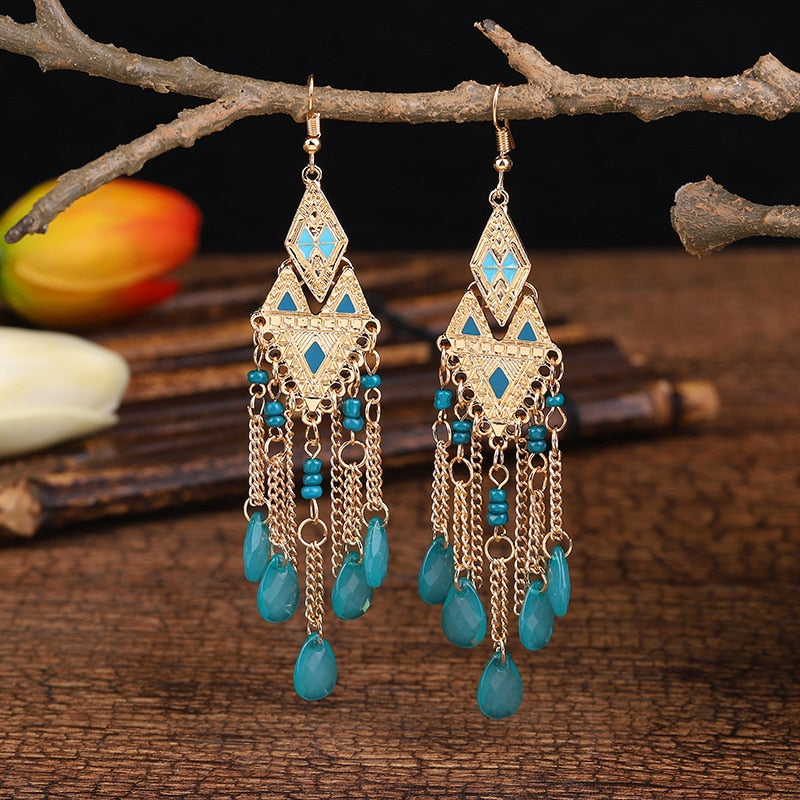 Bohemian Antique Gold Plated Long Water Drop Tassel Earrings