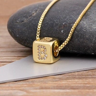 A-Z Initials Micro Pave Copper CZ Cube Letter Pendant Necklaces