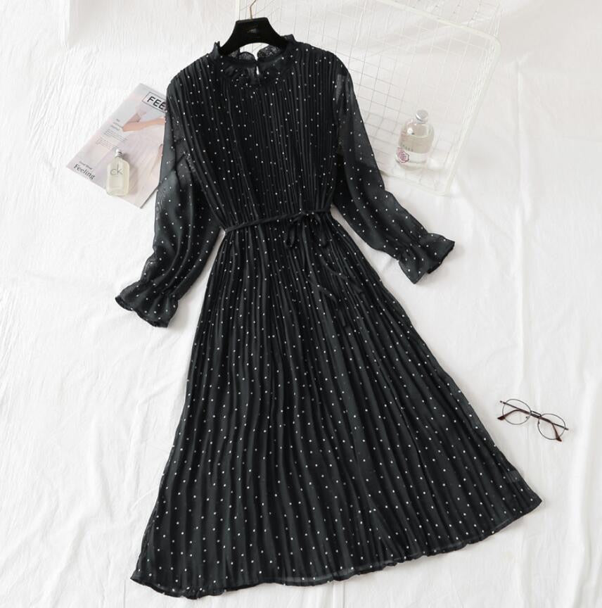 Elegant Polka Dot Women Dress Casual Flare Sleeve Office Chiffon Dot Print