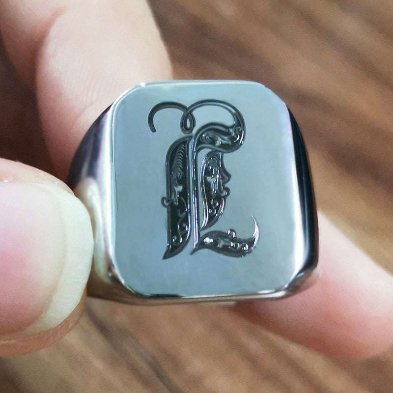 Retro Initials Signet Ring for Men 18mm Bulky Heavy Stamp Male Band Stainless Steel Letters Custom