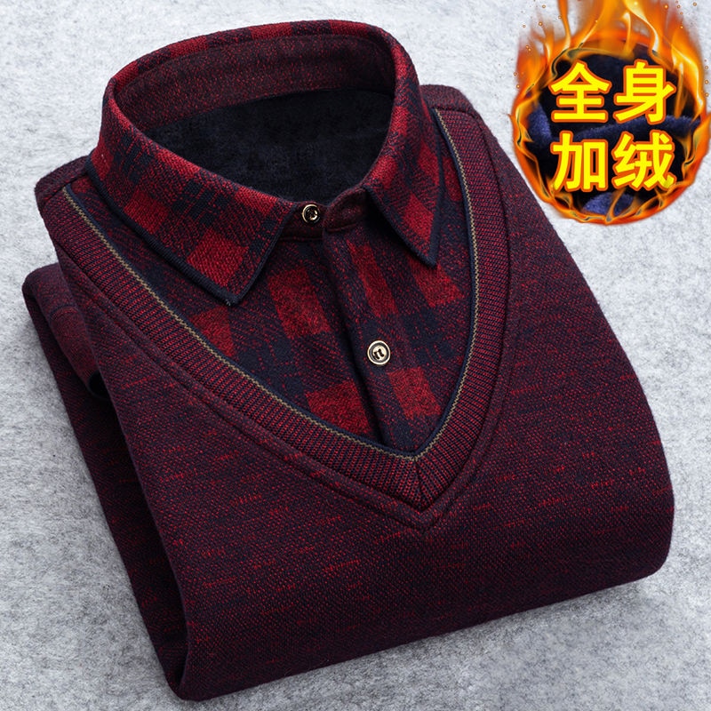 Man Fleece Shirt-collar Sweater Fashion Grid Solid Thicken Warm Sweater