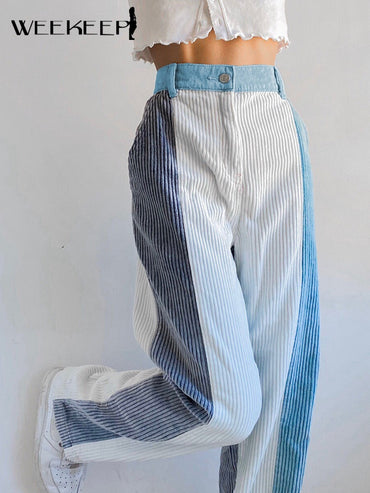 Y2k Corduroy Striped Patchwork Casual Pants High Waist Baggy Straight Trousers