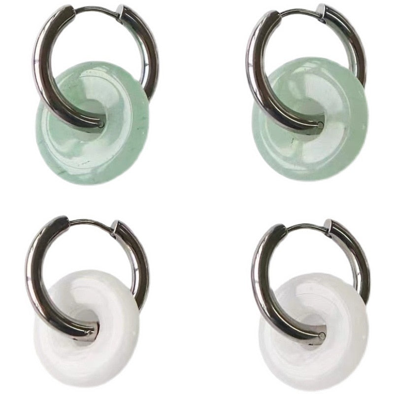 Unique Green Jade Round Stainless Steel Hoop Earrings