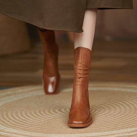 Knee-length Women Boots Microfiber Round Toe Zipper Warm Winter