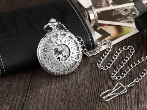 Luury Silver Skeleton Mechacnical Hand-winding Mens Pocket Watch