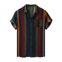 Hawaii Men Shirt Blouse Multicolor Stripes Loose Short Sleeve Casual Buttons