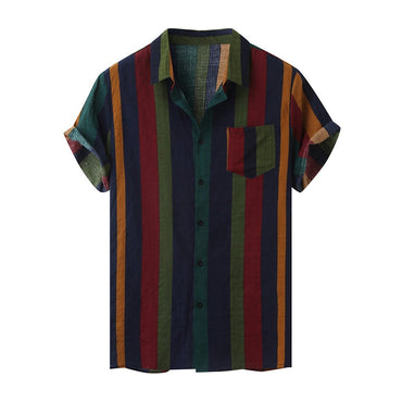 Hawaii Men Shirt Blouse Multicolor Stripes Loose Short Sleeve Casual Buttons