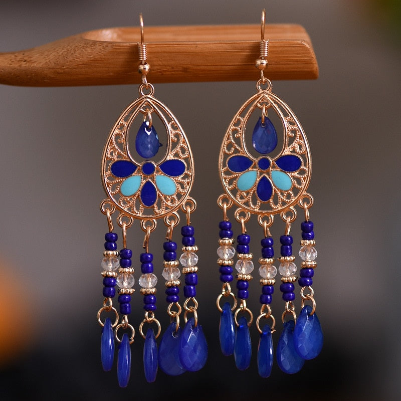 Bohemian Antique Gold Plated Long Water Drop Tassel Earrings