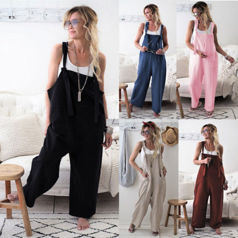 Casual Loose Solid Pockets Jumpsuit Overalls Wide Leg Cropped Pants