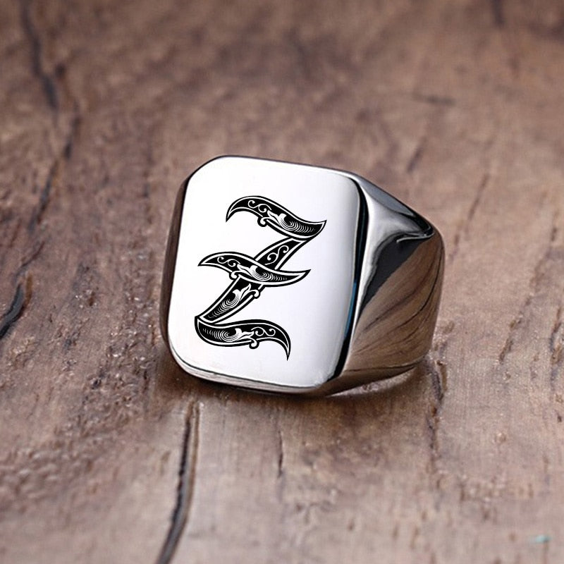 Retro Initials Signet Ring for Men 18mm Bulky Heavy Stamp Male Band Stainless Steel Letters Custom