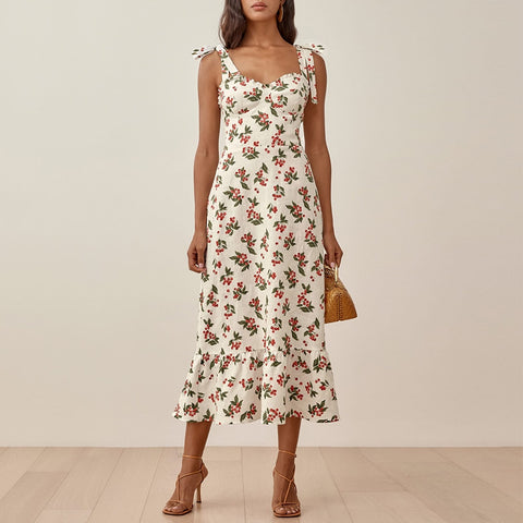 Dresses Elegant Vintage Floral Dress Frill Sweetheart Neck