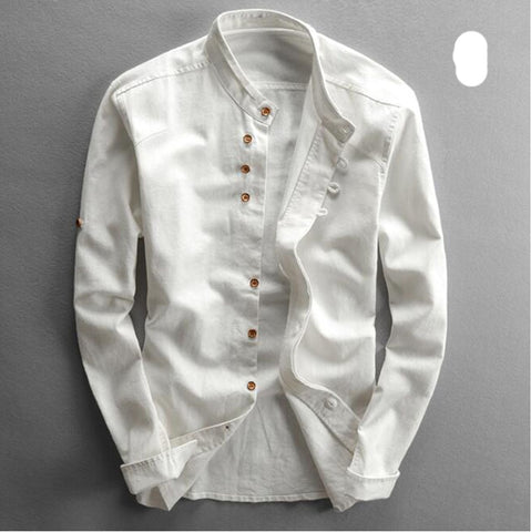 Cotton Linen Shirts Long Sleeve Men Casual Slim Mandarin Collar Shirts