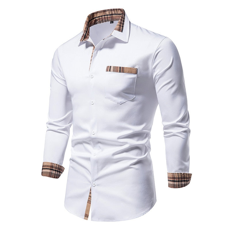 Plaid Patchwork Formal Shirts for Men Slim Long Sleeve White Button Up Shirt Dress