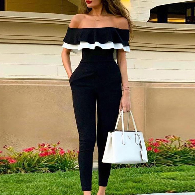 Women Off Shoulder Color block Ruffles Bodycon Jumpsuit Streetwear