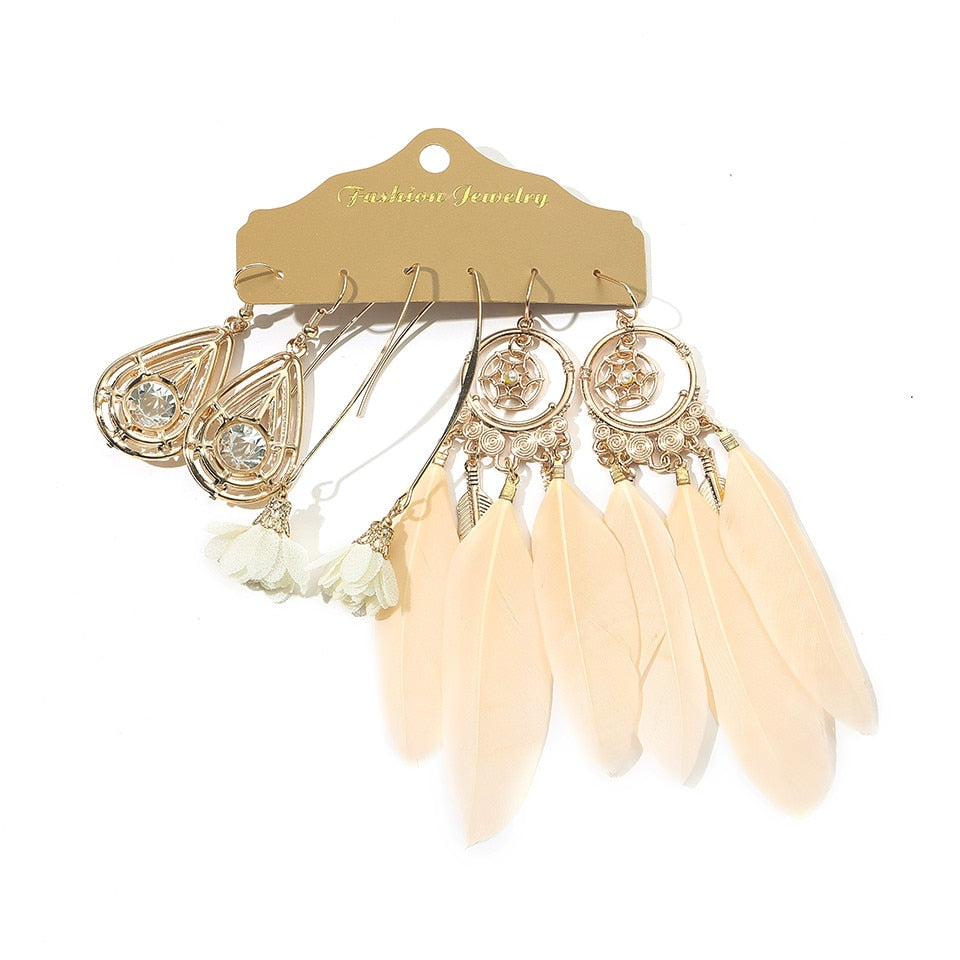 Big Round Beige White Tassel Earrings Set Ethnic Vintage Bohemian