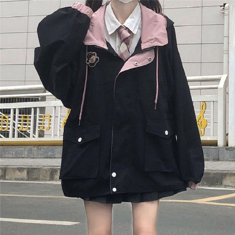women casual punk streetwear jacket loose pockets long-sleeved hooded