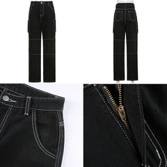 Pockets Patchwork Baggy Fashion Streetwear Denim Trouser Loose Cargo Pants