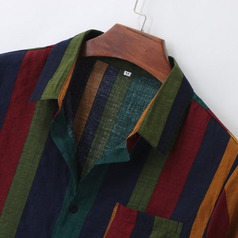 Hawaii Men Shirt Blouse Multicolor Stripes Loose Short Sleeve Casual Buttons