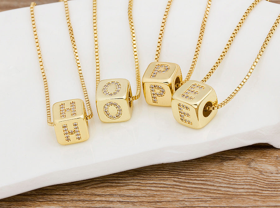 A-Z Initials Micro Pave Copper CZ Cube Letter Pendant Necklaces