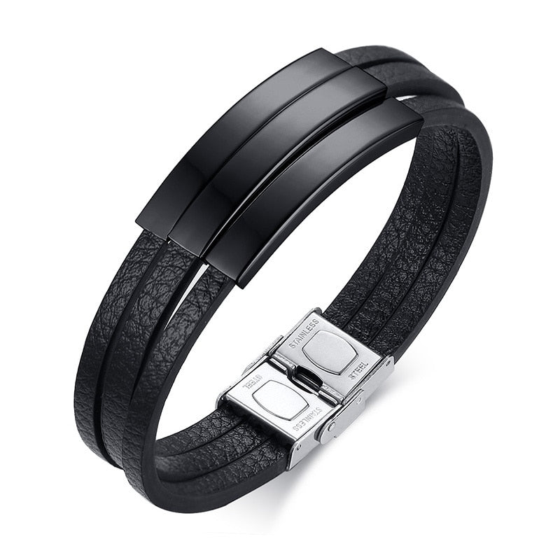 Multi Layer Leather Bracelets for Men Customizable Engraving Stainless Steel Casual