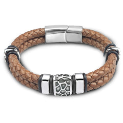 Stainless Steel Irregularly Cracked Bead Bracelet Genuine Braided Leather Male Bracelets