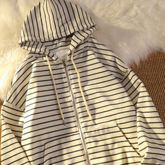 Zip Up Women Korean Style Hoodies For Girls Top Vintage stripe Long Sleeve