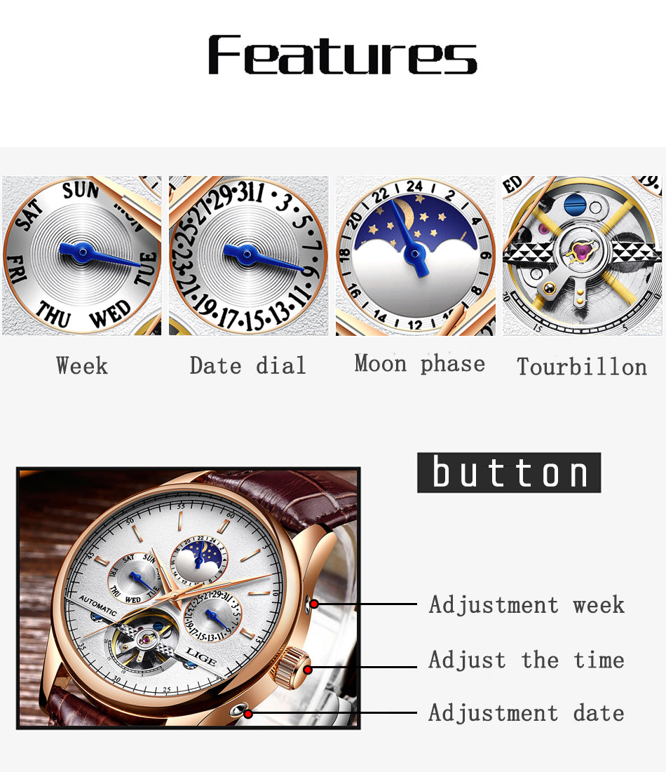 Relogio Masculin Mens Watches Automatic Mechanical Watch Men Leather Waterproof